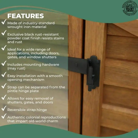 Heavy Duty Black Cast Iron Pintle Strap Hinges Pack Of 30, 11.75 Inch Length, 2.5 Inch Offset, shown installed on door with features list.