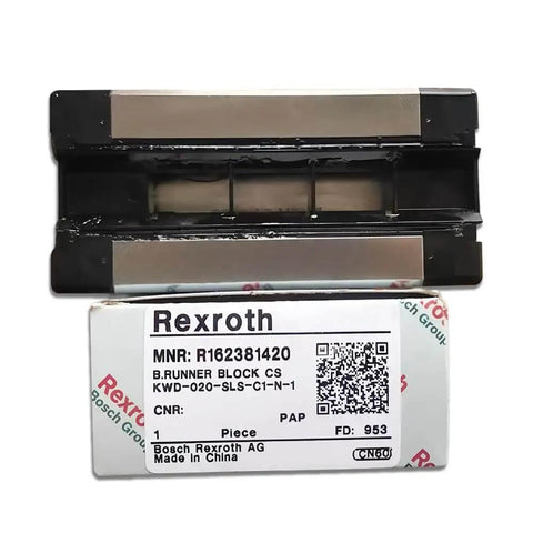 Single SLS Extended Ball Slider Block with packaging showing label R162381420 by Rexroth AG