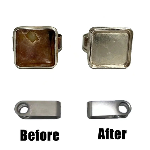 Before and after using 14 Ounce One Eighth Inch Stainless Steel Tumbling Media Shot Three Shapes Mixed Ballcone Ball Pin For Jewelry Polishing Fast Deburring And Rust Removal Industrial Grade Tumbler Media