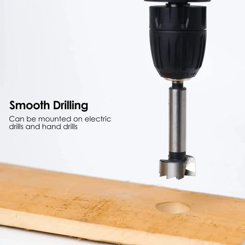 Forstner bit attached to a drill showing smooth drilling on wood, part of Eight Piece Forstner Bit Set For Woodworking With Center Positioning Delivers Clean Holes Every Time Sizes Range From One Quarter To One And Three Eighths Inch Includes Easy Storage And Fast Drilling For Soft And Hardwood Projects