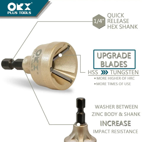Deburring External Chamfer Tool With Tungsten Blade For Stainless Rods Threads And Pipes Fits One Eighth To Three Quarters Inch 3mm To 19mm Deburrs Smoothly And Lasts Longer With Durable Tungsten Construction For Tough Metalworking Jobs, featuring a quick release hex shank, upgrade blades, and zinc body.