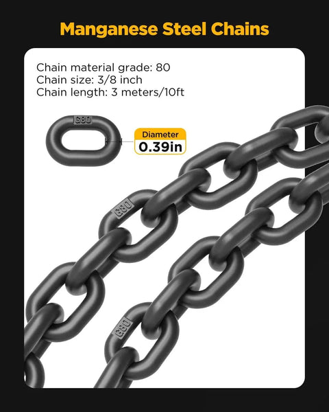 Heavy-duty lifting chain, 3/8 in x 10 ft, grade 80 gray steel, dual-leg sling for industrial hoists