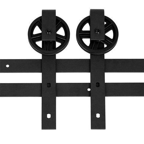 Heavy Duty Sliding Barn Door Hardware Kit With 6.6 Ft Rail In Black Finish showing sturdy large wheel design