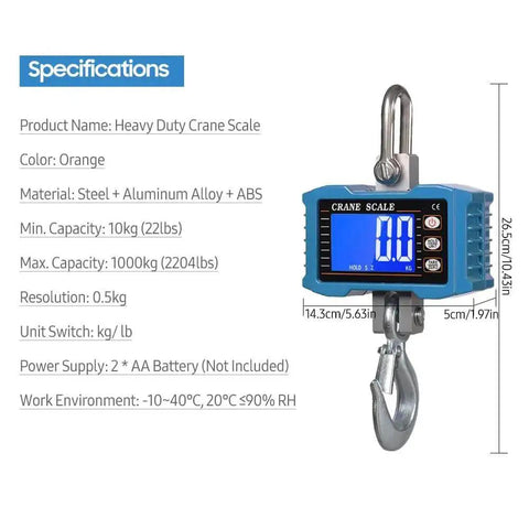 Built Tough Workhorse Hanging Scale Digital Crane Scale 1000kg 2204lb With LCD Backlight for Construction Site and Outdoor Use