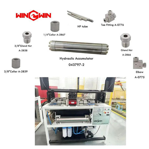 Hydraulic accumulator 043797-2 and various fittings including gland nuts, elbow, HP tube, and T-fitting displayed with a waterjet cutting machine.