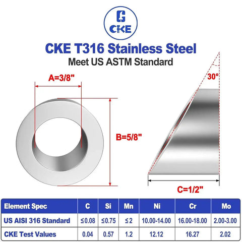 Diagram of CKE T316 stainless steel 3/8 inch angle beveled cable railing washer, showcasing dimensions and ASTM specifications.