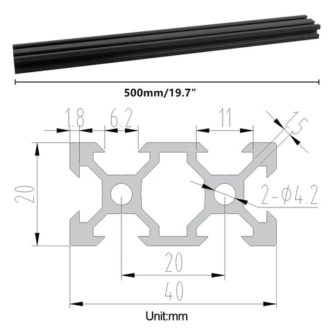 Diagram showing European Standard V Slot Aluminum Extrusion 2040 Profile 2 Pack 500mm Black Anodized Aluminum Rail dimensions.