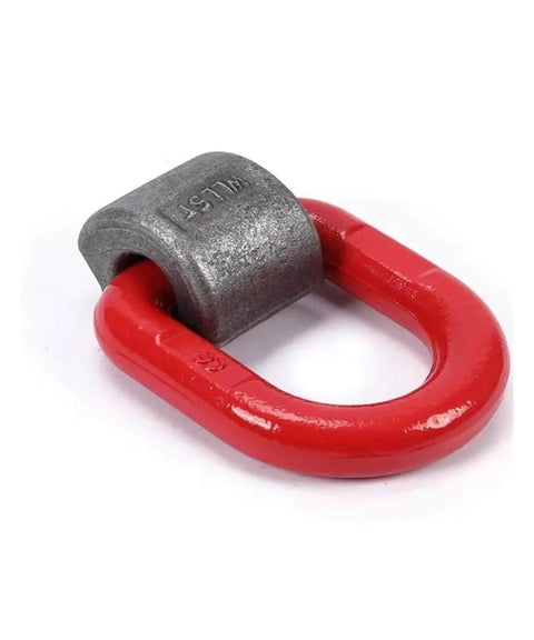 Heavy Duty G80 Alloy Steel D Ring Weldable Ring With Lateral Ring And Flip Anchor for lifting and tie down, red and silver, side view