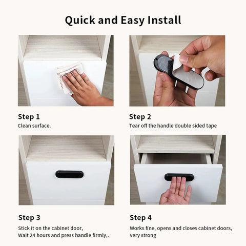 Installation steps of Five Pack Matte Black Self Adhesive Door And Cabinet Handles 4.38 Inch Long No Drilling Required Sticky Finger Pulls