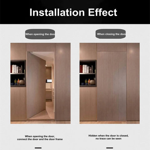 Installation effect of 2-Pack Hidden Door Hinges For Cabinets With 180 Degree Swing, showing open and closed positions.