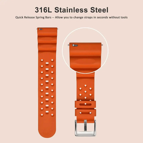 Close-up of orange 316L stainless steel quick release spring bars on watch band for easy install, fits standard lugs.