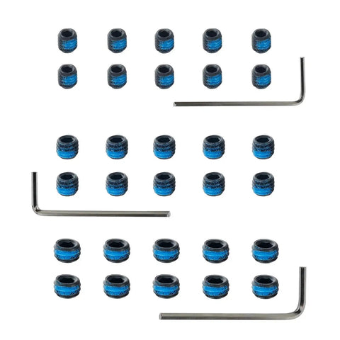 30 Piece Plug Screw Set With 6-48, 8-40 And 10-32 Screws In Black Oxidized Steel, One Eighth Inch Long, with three wrenches.