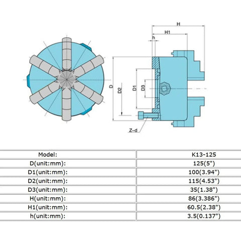 Diagram of 6-Jaw Lathe Chuck K13-125 Self-Centering Jaw For CNC Machines, 125mm Metal Lathe Chuck with dimensions and specs.