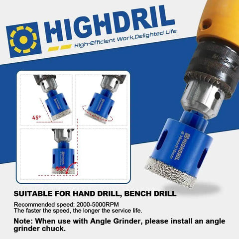 Dry Diamond Tile Drill Bit With Hex Shank 30mm Diameter for Porcelain Ceramic Marble Granite shown with installation angles