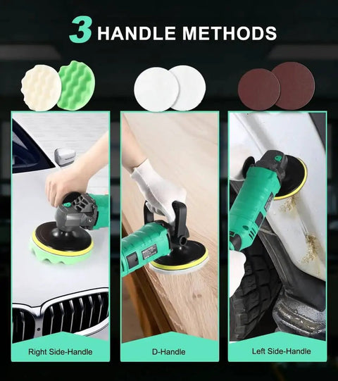 1600W Car Buffer Polisher With 7 Inch And 6 Inch Pads Pure Copper Motor Variable Speed 1000 To 3500 RPM shown in use on car, furniture, and with three handle methods.
