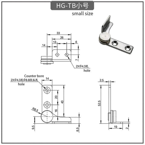 Stainless steel damping rotary hinge bracket with mounting plate; left, 2.0 N·m torque—front view and photo.