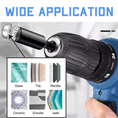 Heavy Duty Pro Grade Dry Diamond Core Drill Bits Set 5 Piece With One Quarter Inch Hex Shank Vacuum Brazed For Ceramic Tile Porcelain Marble Granite Quartz Glass And Other Hard Materials in use on a drill, showcasing materials like glass, tile, marble, ceramic, granite, and jade.