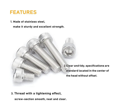 M2.5 Hex Socket Cap Screws And M2.5 Hex Nuts Kit With Wrench, 304 Stainless Steel, close-up on features of screws.