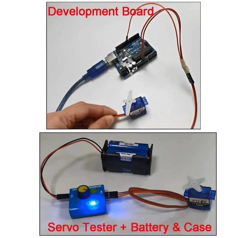 Two FS90R micro continuous-rotation servos (pack of 2) with orange wires, blue servo tester, and battery pack with case