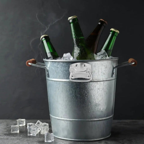 Galvanized bucket with 2 Pack Heavy Duty Chest Handles Zinc Plated Case Pull Handles, holding beer bottles and ice cubes.