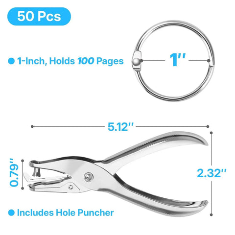 One Inch Binder Rings Set Of Fifty With Nickel Plated Metal Rings Includes Key Ring Clip And Hole Puncher