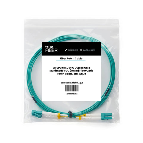 trueFIBER LC to LC OM4 duplex fiber patch cable, 3m, aqua, OFNR PVC, UL listed