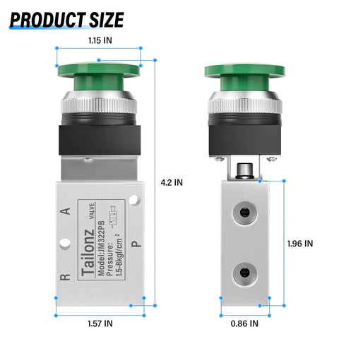 Green Mushroom Push Button Pneumatic Valve With Manual Control, 3 Way 2 Position, 1/4 NPT Ports Inlet Outlet Exhaust dimensions