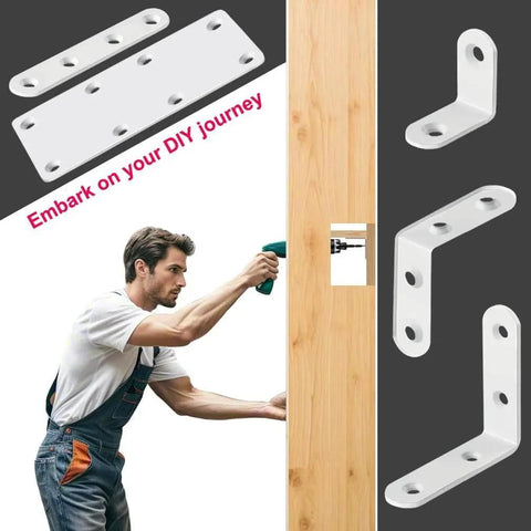 White 2.5 Inch Stainless Steel L Bracket 6 Pack Right Angle Corner Braces for Wood Shelves with screws in a DIY context.