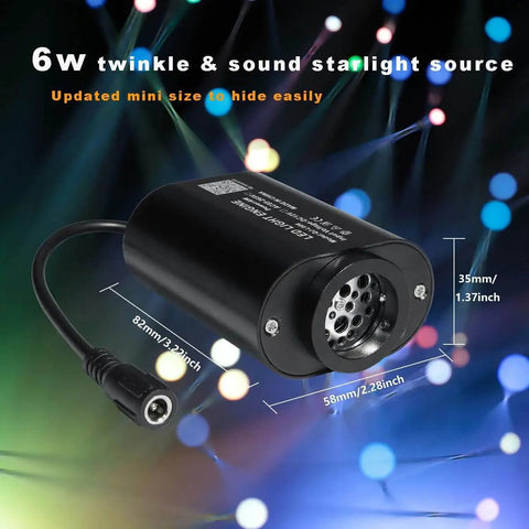Mini 6W Starlight Headliner Kit with Twinkle and Sound Activated Fiber Optic Lights, compact design, dimensions shown.
