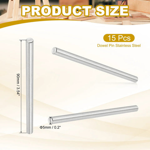 Heavy-Duty 5mm x 90mm Stainless Steel Dowel Pins, 15 Pack, 304 Grade Shelf Pins for Furniture Fixing, Rust-Proof Hardware