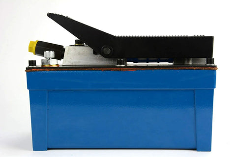 Side view of TEMCo HP0000 air hydraulic pump power pack with blue base, black foot pedal, and yellow port connector.