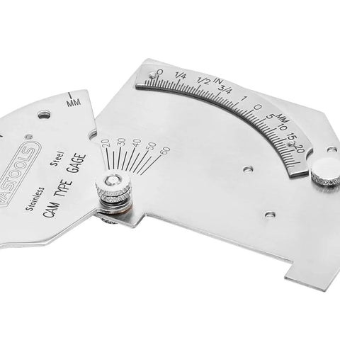 Stainless steel Pro Grade Cam Weld Gauge for precise welds, 0-60 degree angles, inch and metric readouts by VASTOOLS