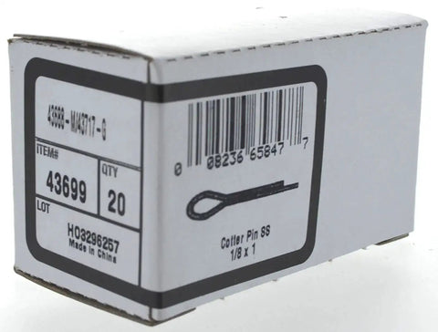 Box of Stainless Steel Cotter Pin 1 Eighth By 1 Inch, 20 Pack By Hillman, showing barcode and product details on side