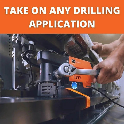 Person using Magforce 90 Magnetic Base Drill With Brushless Motor For Hard To Reach Areas In Metal 1,200W Power 1 3 8 Inch HSS Cutter Diameter