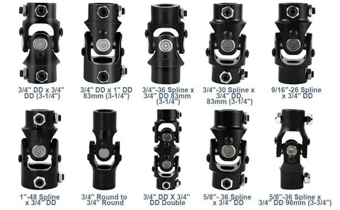 Various universal U-joints for 36 Inch Three Quarters DD Steering Shaft For Universal U Joints displayed in different configurations.