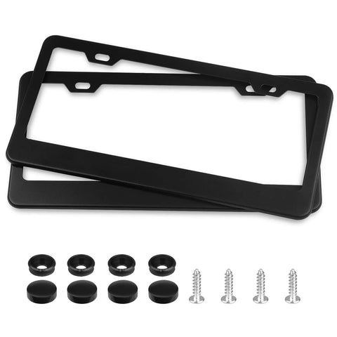 Matte Black 2 Pack License Plate Frame Holder With 2 Holes, 304 Stainless Steel, Rustproof And Easy Mounting Accessories, 12.25 By 6.3 Inches, Street Legal, Fits All Plates In Canada showing two frames and mounting hardware.