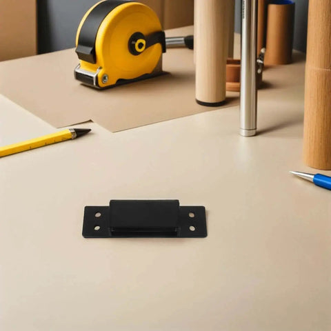 Concealed Hidden Interior Door Hinge Black 5 Inch Adjustable Heavy Duty Invisible Bookcase Hinge on a table with tools