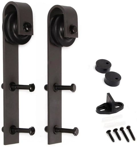 Hardware kit components for DIY Knotty Pine Double Sliding Barn Door With Hardware Kit For 48 By 84 Inch, 60 By 84 Inch, 72 By 84 Inch Or 84 By 84 Inch Openings