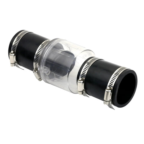 1-1/2 in sump pump check valve, clear center housing with black ends, includes stainless steel hose clamps