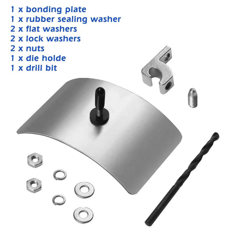 No-Fuss BWB680AG Pool Bonding Kit components including stainless bonding plate, washers, nuts, and drill bit for skimmers