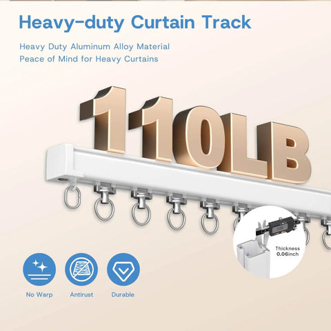 Heavy Duty Ceiling Curtain Track System With Whisper Quiet Glide For Room Dividers Aluminum Alloy Rails Ceiling Or Wall Mount White 3.3ft Track With Hooks For Sliding Curtains showing weight capacity of 110lb.
