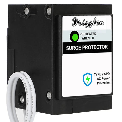 Type BR Whole Panel Circuit Breaker Surge Protective Device Two Pole With 18 KA Surge Current And Two Branch Circuit Spaces Best Bet For Main Panel Protection 1 Pack, black two-pole surge protector with white label and coiled wire