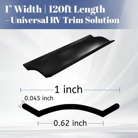 RV Vinyl Trim Molding Insert 1 Inch Exterior Weather Stripping For Camper, black, 1 inch wide, shown in cross-section view.