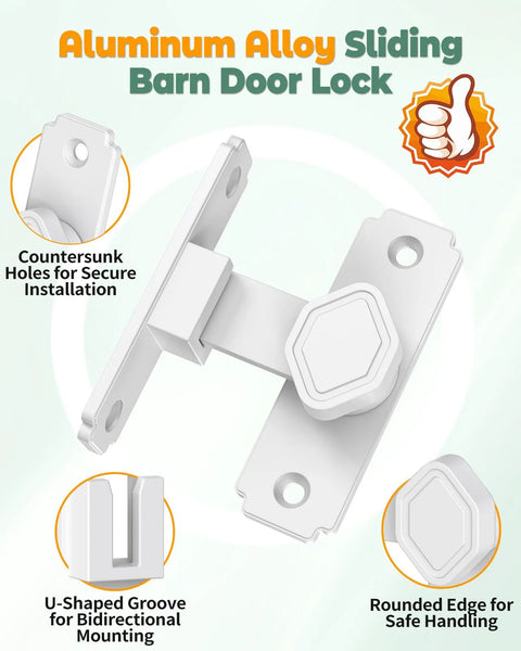 90 Degree Barn Door Lock Latch For Cabinets And Sliding Doors Right Angle Lock For Bathrooms Barns Sheds And Garden Windows Aluminum Alloy Safety Privacy Hardware White 1 Pack with countersunk holes and U-shaped groove.