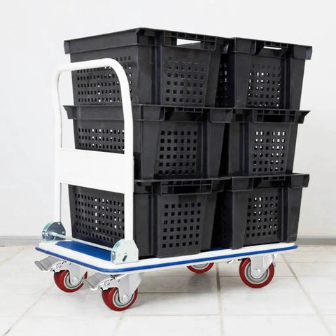 Cart loaded with black crates on Beefy 3 Inch PVC Heavy Duty Swivel Caster Wheels Set Of 4 With Dual Locking Brakes Rubber Non Marking Polyurethane