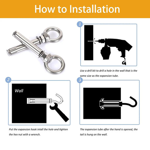 Five Pack Heavy Duty Shoulder Eye Bolts For Concrete And Brick Walls Stainless Steel 304 Expansion Anchors With Nut Eye Rings M8x70mm Rustproof Load Bearing Hardware For Masonry Indoor Outdoor Anchor Points shown with installation steps diagram and drills.