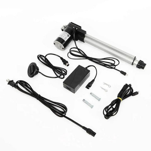 IP44 Rated 24V DC Linear Actuator With 250mm Stroke, 100 Kg Max Push And Pull, Recliner kit components on a white background