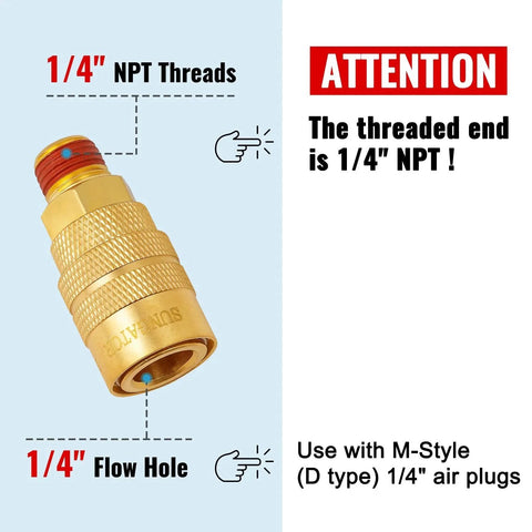 Quarter Inch NPT Male Air Hose Quick Connect Fittings, brass coupler with threaded end and flow hole, SUNGATOR brand