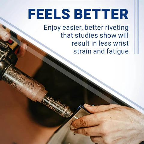 A person using a tool for riveting with text on vibration reduction and wrist strain relief.