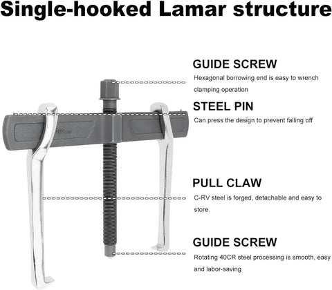 Diagram showing parts of a 12 Inch Two Jaw Gear Puller With Adjustable Clamping Depth And Reversible Pulling Action For External And Internal Removal.